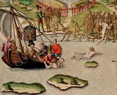 The French Vessel Lands and an Unsuccessful Attempt is Made to Exchange Prisoners, from Americae Tertia Pars, 1592 by Theodore de Bry